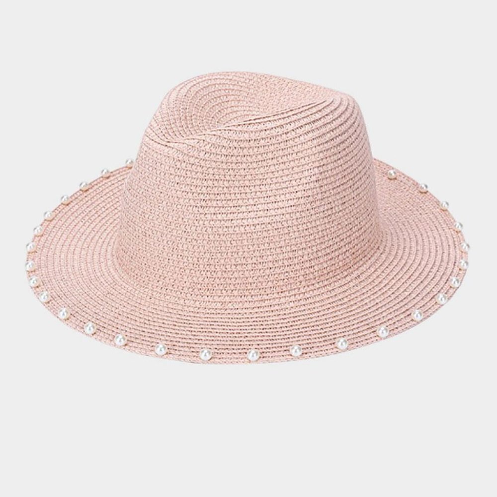 Pearl Trim Straw Fedora Hat